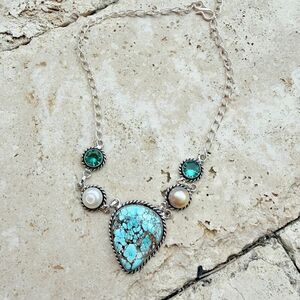 Large Turquoise Pearl Statement Necklace Sterling Silver Overlay